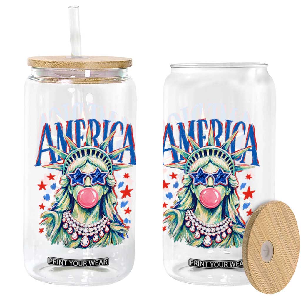 America Statue of Liberty Blowing Bubblegum Glass Can Star and Glasses Patriotic Summer Vibes Graphic