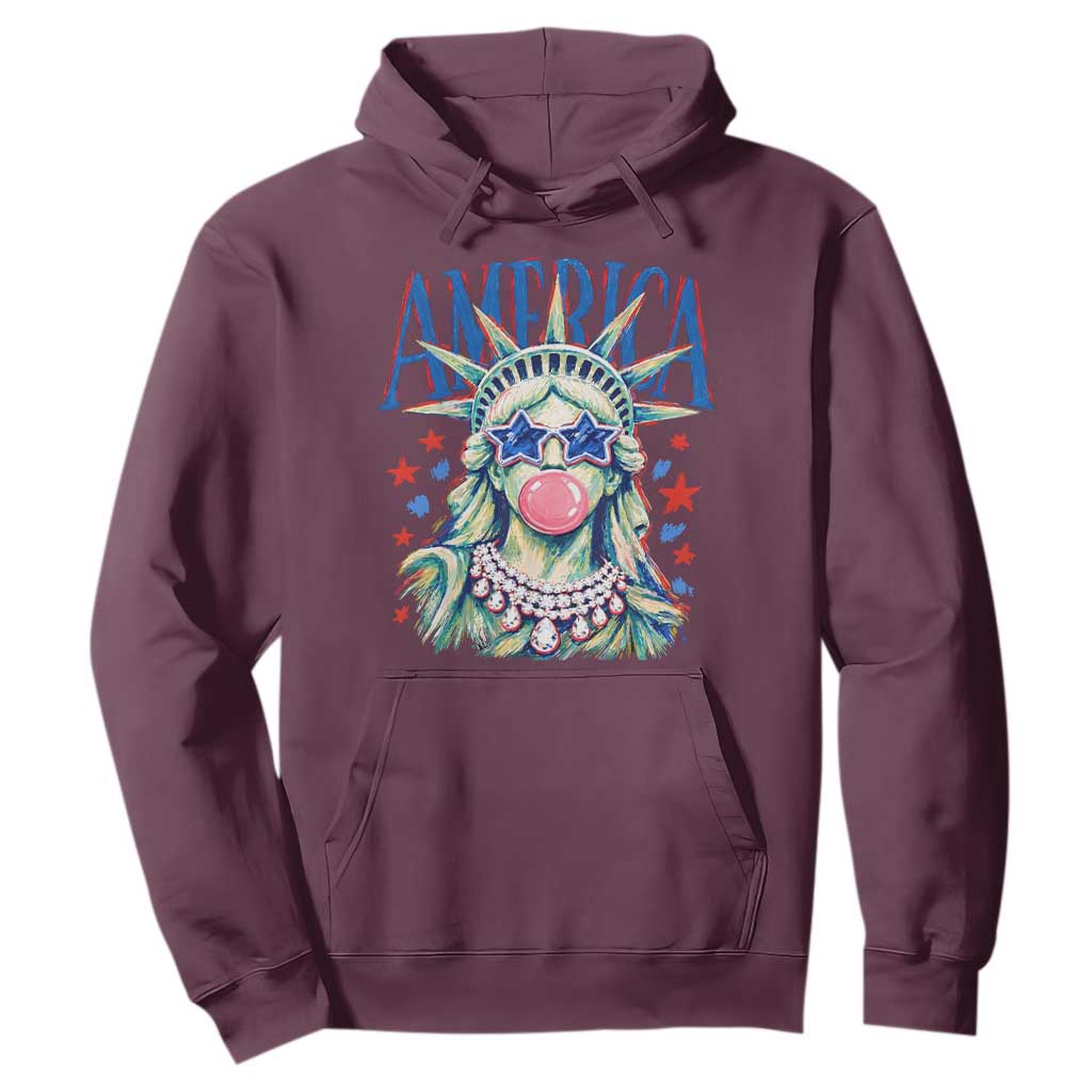 America Statue of Liberty Blowing Bubblegum Hoodie Star and Glasses Patriotic Summer Vibes Graphic