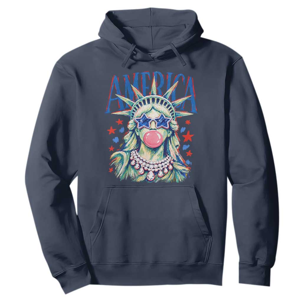 America Statue of Liberty Blowing Bubblegum Hoodie Star and Glasses Patriotic Summer Vibes Graphic