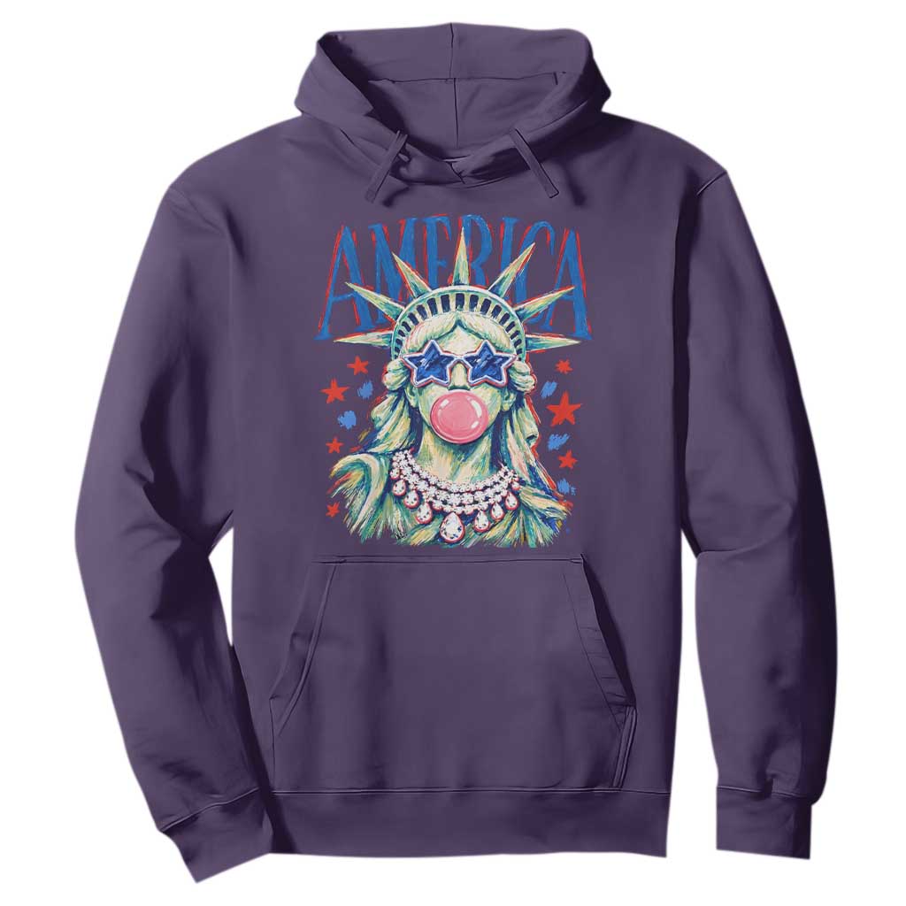 America Statue of Liberty Blowing Bubblegum Hoodie Star and Glasses Patriotic Summer Vibes Graphic