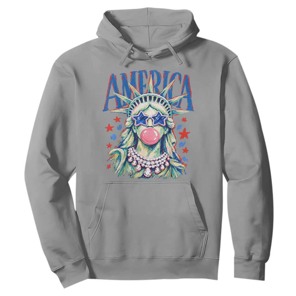 America Statue of Liberty Blowing Bubblegum Hoodie Star and Glasses Patriotic Summer Vibes Graphic