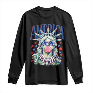 America Statue of Liberty Blowing Bubblegum Long Sleeve Shirt Star and Glasses Patriotic Summer Vibes Graphic