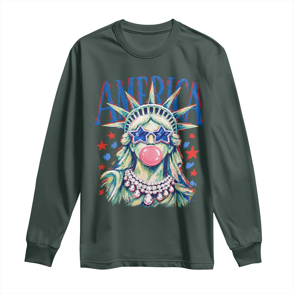 America Statue of Liberty Blowing Bubblegum Long Sleeve Shirt Star and Glasses Patriotic Summer Vibes Graphic