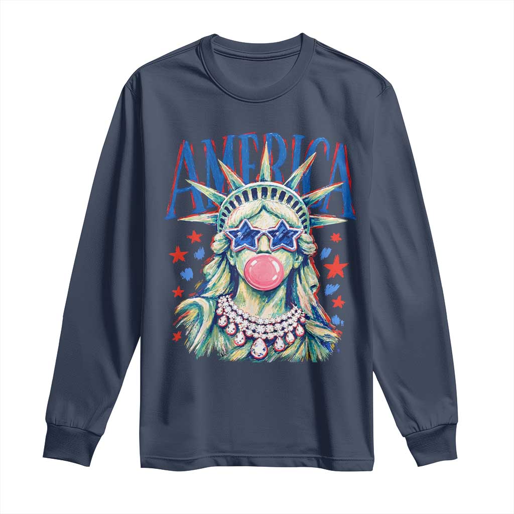 America Statue of Liberty Blowing Bubblegum Long Sleeve Shirt Star and Glasses Patriotic Summer Vibes Graphic
