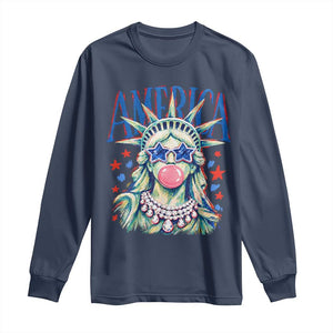 America Statue of Liberty Blowing Bubblegum Long Sleeve Shirt Star and Glasses Patriotic Summer Vibes Graphic