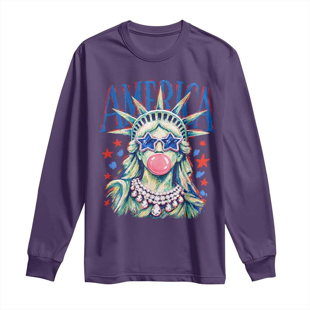 America Statue of Liberty Blowing Bubblegum Long Sleeve Shirt Star and Glasses Patriotic Summer Vibes Graphic