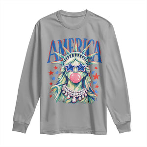 America Statue of Liberty Blowing Bubblegum Long Sleeve Shirt Star and Glasses Patriotic Summer Vibes Graphic