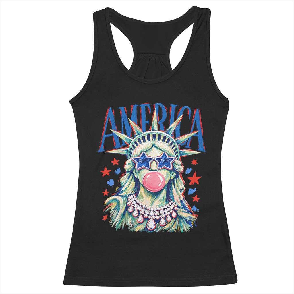 America Statue of Liberty Blowing Bubblegum Racerback Tank Top Star and Glasses Patriotic Summer Vibes Graphic