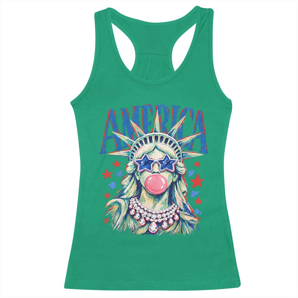 America Statue of Liberty Blowing Bubblegum Racerback Tank Top Star and Glasses Patriotic Summer Vibes Graphic