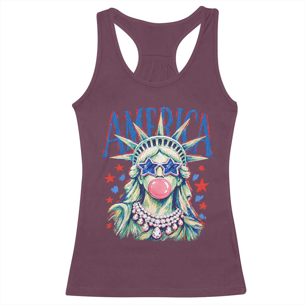 America Statue of Liberty Blowing Bubblegum Racerback Tank Top Star and Glasses Patriotic Summer Vibes Graphic