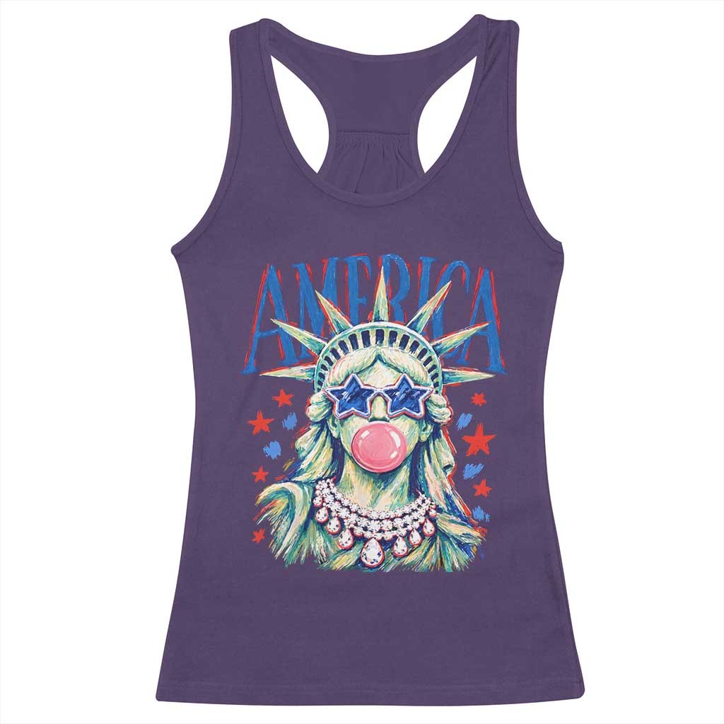America Statue of Liberty Blowing Bubblegum Racerback Tank Top Star and Glasses Patriotic Summer Vibes Graphic