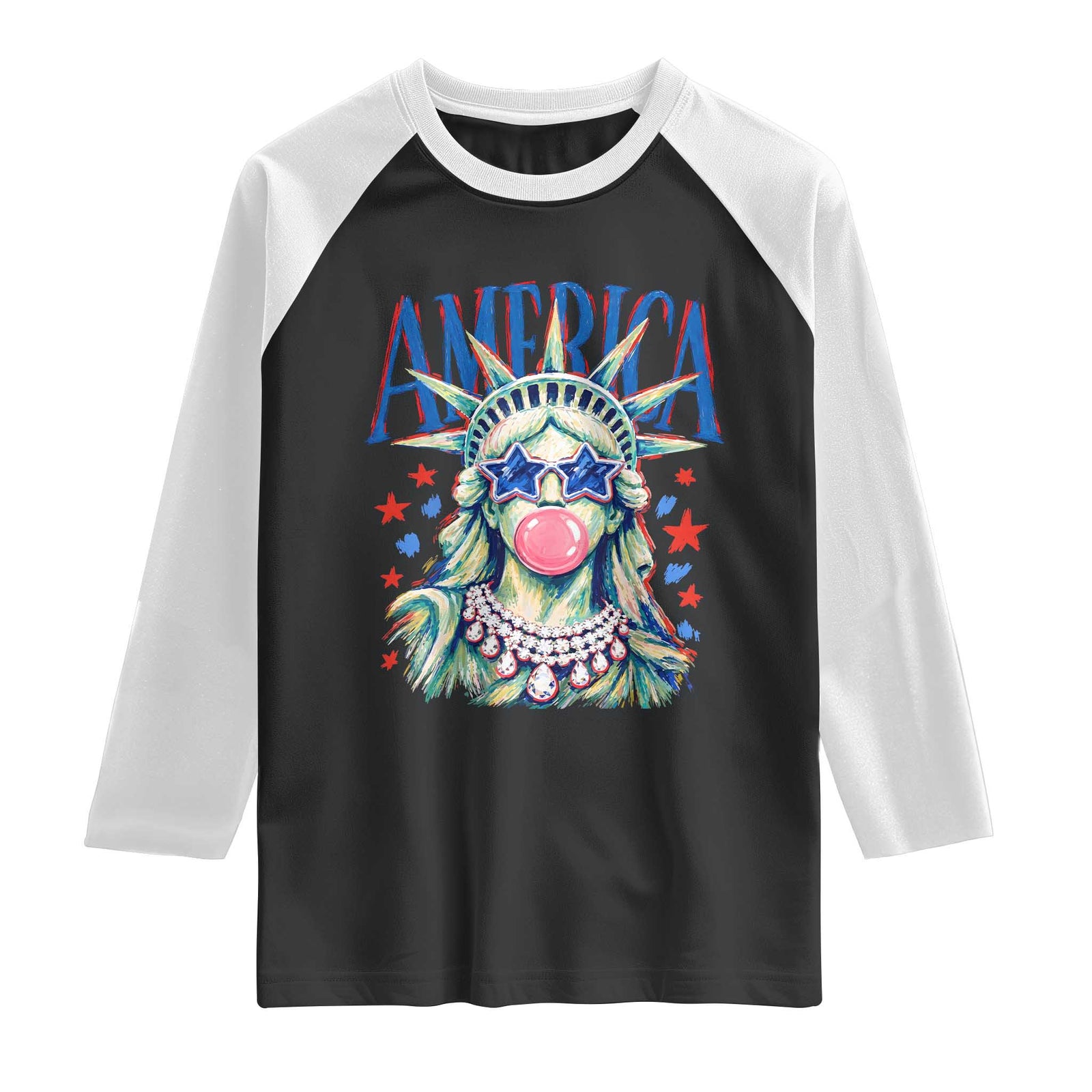 America Statue of Liberty Blowing Bubblegum Raglan Shirt Star and Glasses Patriotic Summer Vibes Graphic TS02 Black White Print Your Wear
