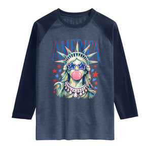 America Statue of Liberty Blowing Bubblegum Raglan Shirt Star and Glasses Patriotic Summer Vibes Graphic