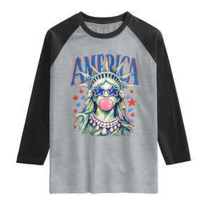 America Statue of Liberty Blowing Bubblegum Raglan Shirt Star and Glasses Patriotic Summer Vibes Graphic