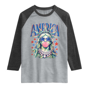 America Statue of Liberty Blowing Bubblegum Raglan Shirt Star and Glasses Patriotic Summer Vibes Graphic