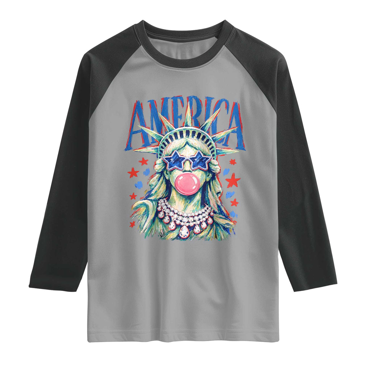 America Statue of Liberty Blowing Bubblegum Raglan Shirt Star and Glasses Patriotic Summer Vibes Graphic