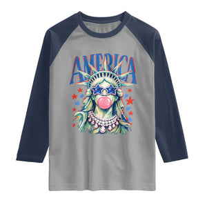 America Statue of Liberty Blowing Bubblegum Raglan Shirt Star and Glasses Patriotic Summer Vibes Graphic