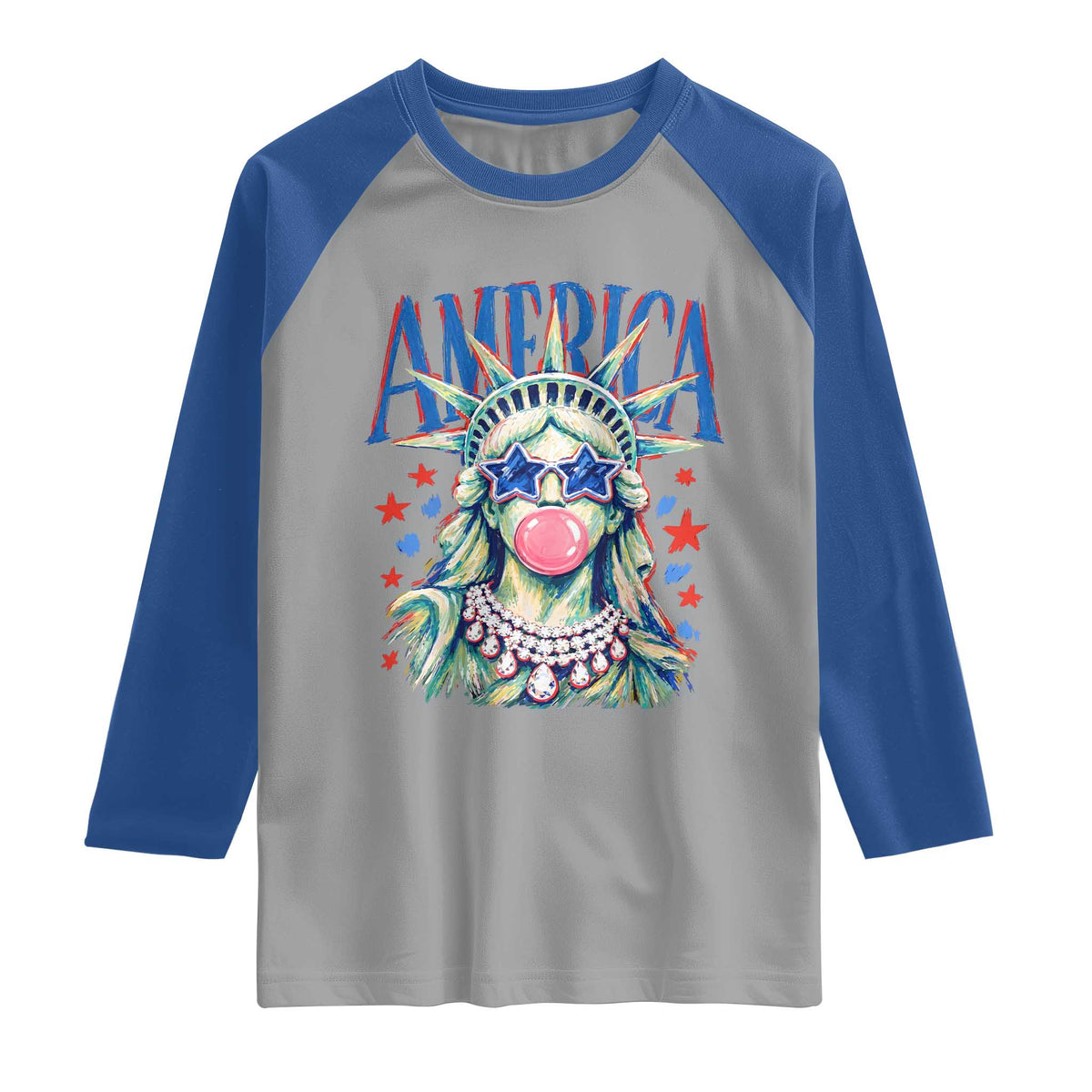 America Statue of Liberty Blowing Bubblegum Raglan Shirt Star and Glasses Patriotic Summer Vibes Graphic