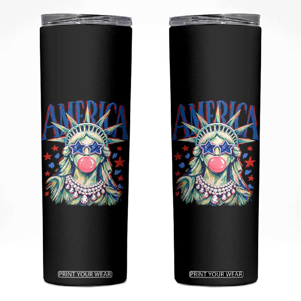 America Statue of Liberty Blowing Bubblegum Skinny Tumbler Star and Glasses Patriotic Summer Vibes Graphic TS02 Black Print Your Wear