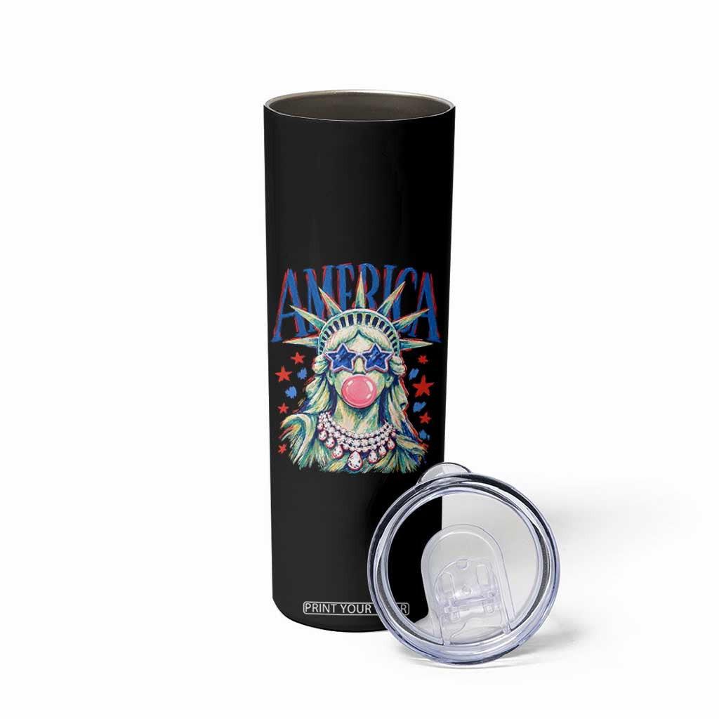America Statue of Liberty Blowing Bubblegum Skinny Tumbler Star and Glasses Patriotic Summer Vibes Graphic TS02 Print Your Wear
