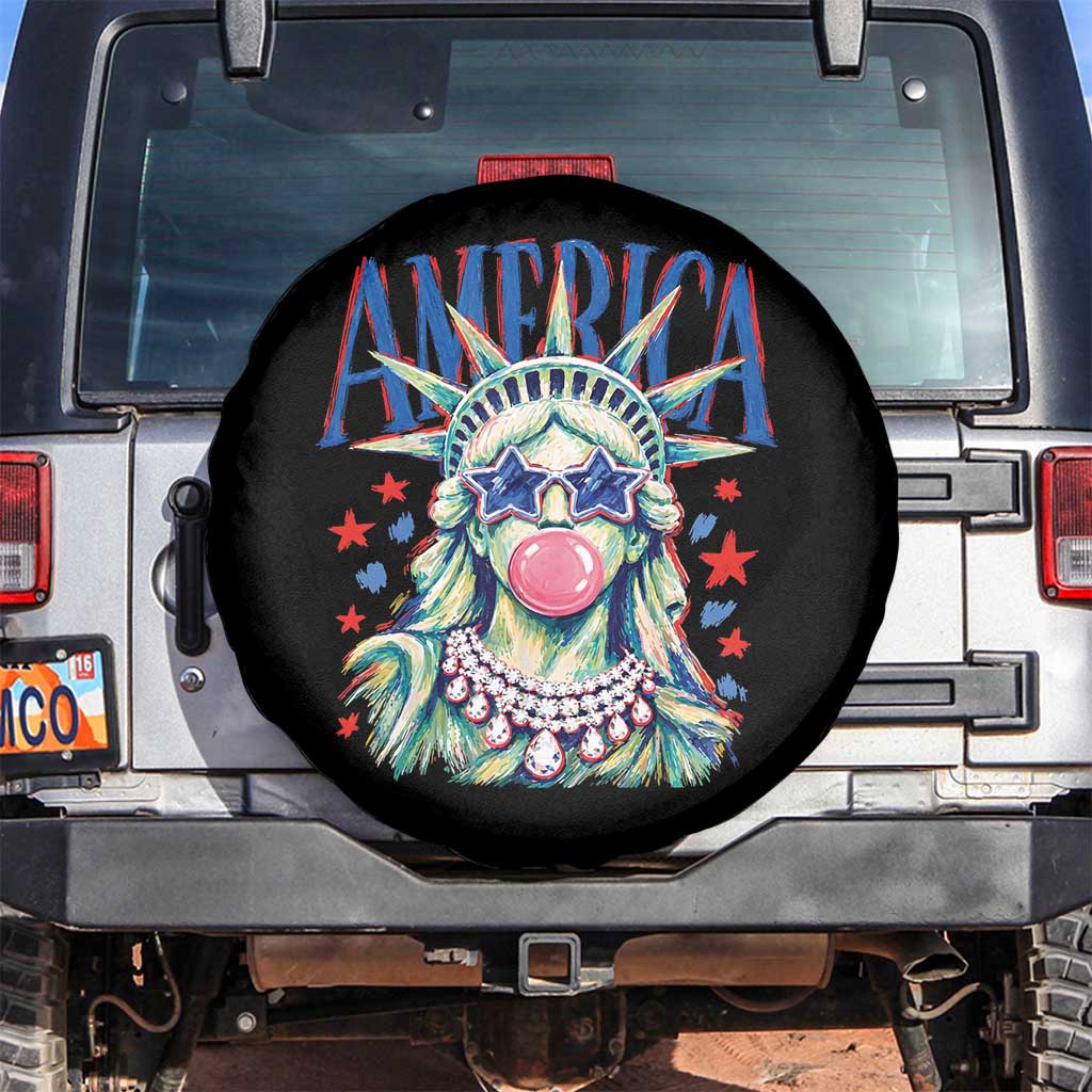 America Statue of Liberty Blowing Bubblegum Spare Tire Cover Star and Glasses Patriotic Summer Vibes Graphic TS02 No hole Black Print Your Wear