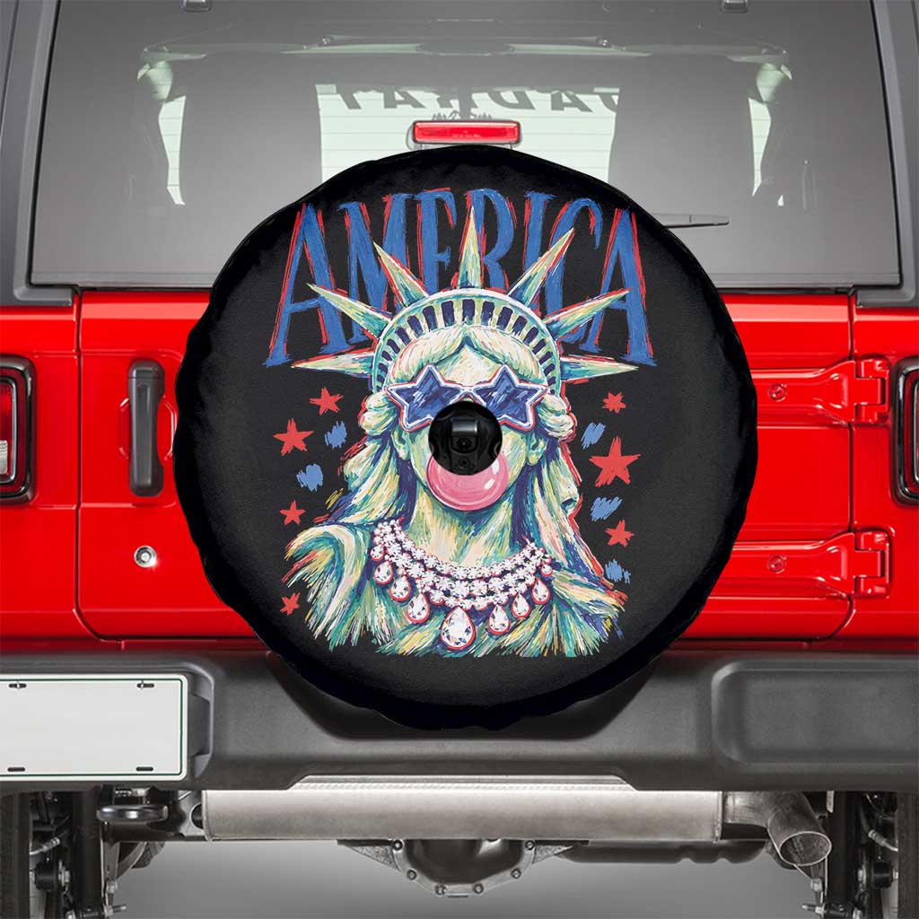 America Statue of Liberty Blowing Bubblegum Spare Tire Cover Star and Glasses Patriotic Summer Vibes Graphic