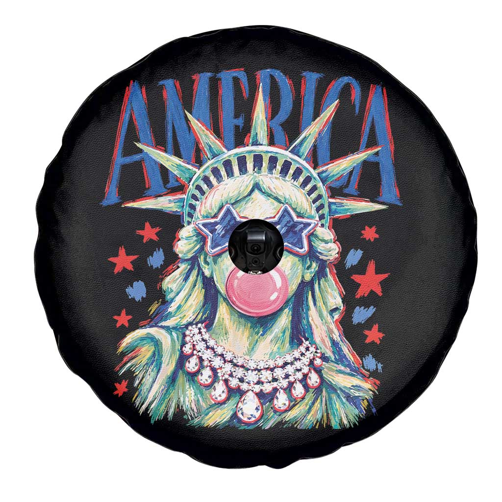 America Statue of Liberty Blowing Bubblegum Spare Tire Cover Star and Glasses Patriotic Summer Vibes Graphic