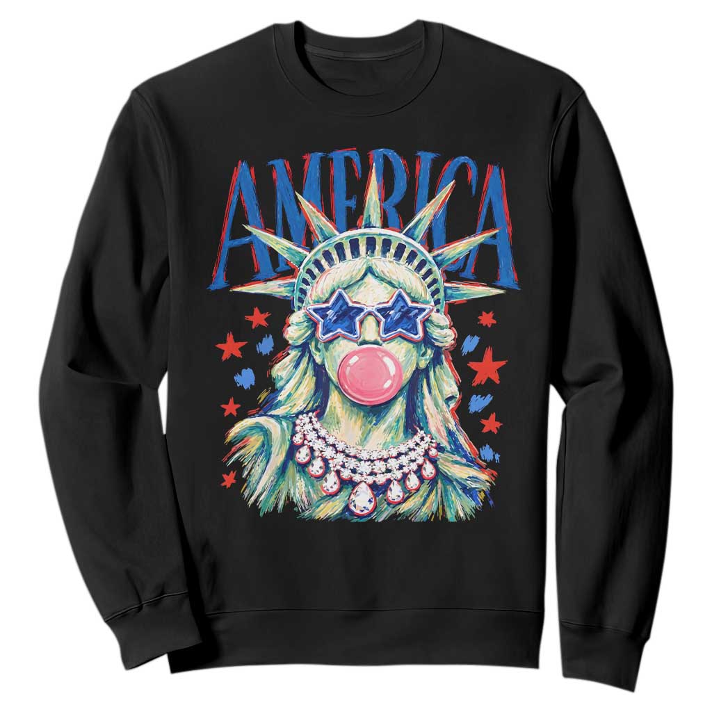 America Statue of Liberty Blowing Bubblegum Sweatshirt Star and Glasses Patriotic Summer Vibes Graphic