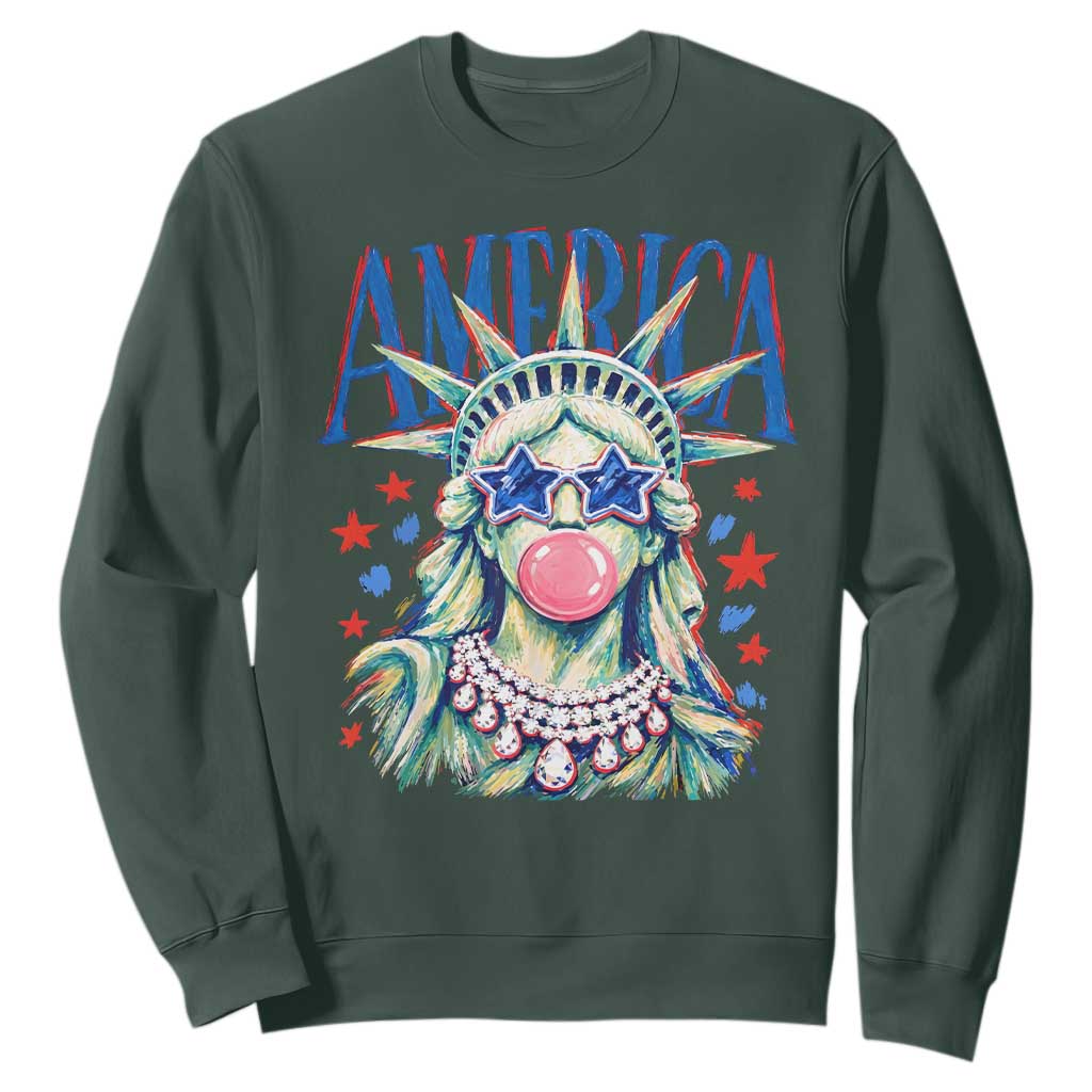 America Statue of Liberty Blowing Bubblegum Sweatshirt Star and Glasses Patriotic Summer Vibes Graphic