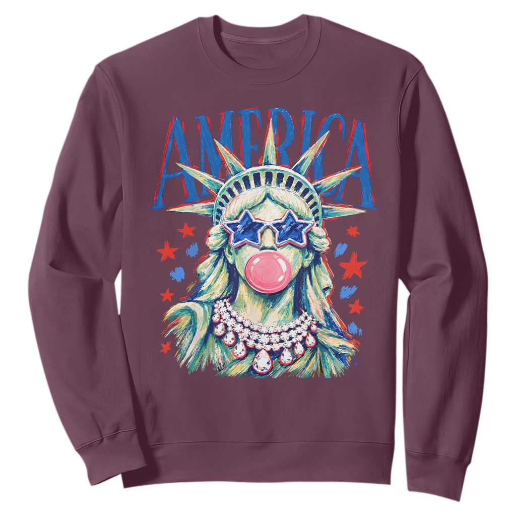 America Statue of Liberty Blowing Bubblegum Sweatshirt Star and Glasses Patriotic Summer Vibes Graphic