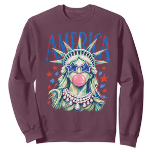 America Statue of Liberty Blowing Bubblegum Sweatshirt Star and Glasses Patriotic Summer Vibes Graphic