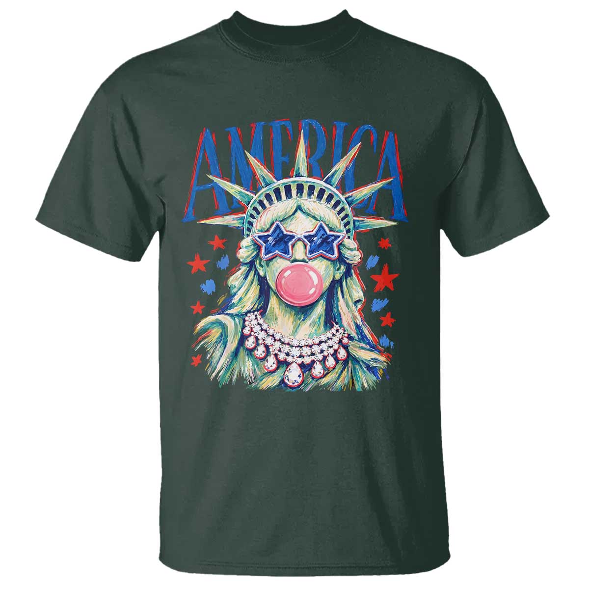 America Statue of Liberty Blowing Bubblegum T Shirt Star and Glasses Patriotic Summer Vibes Graphic