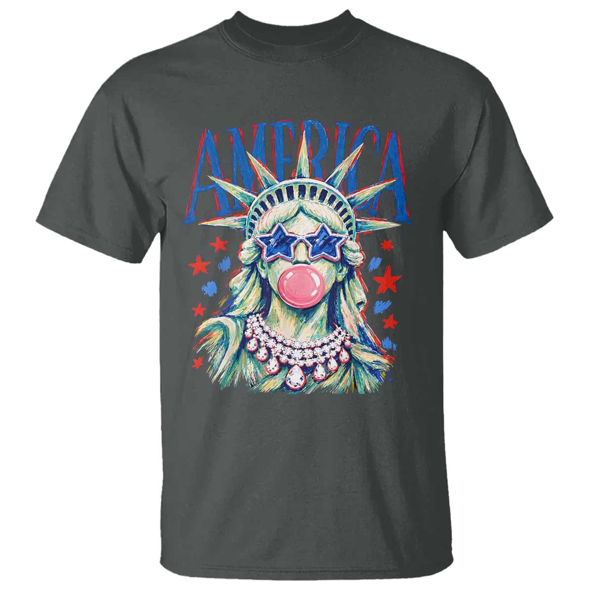 America Statue of Liberty Blowing Bubblegum T Shirt Star and Glasses Patriotic Summer Vibes Graphic