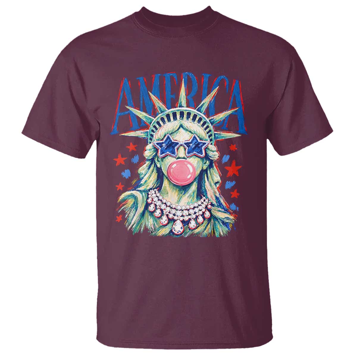 America Statue of Liberty Blowing Bubblegum T Shirt Star and Glasses Patriotic Summer Vibes Graphic