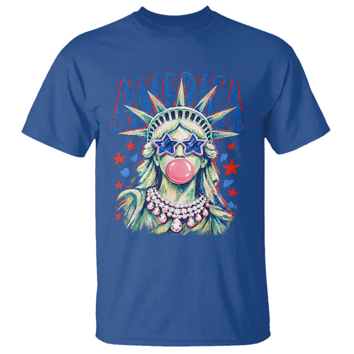 America Statue of Liberty Blowing Bubblegum T Shirt Star and Glasses Patriotic Summer Vibes Graphic