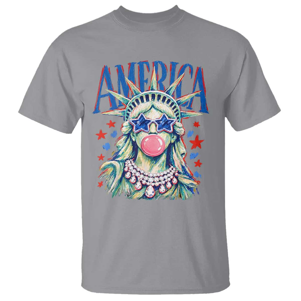 America Statue of Liberty Blowing Bubblegum T Shirt Star and Glasses Patriotic Summer Vibes Graphic