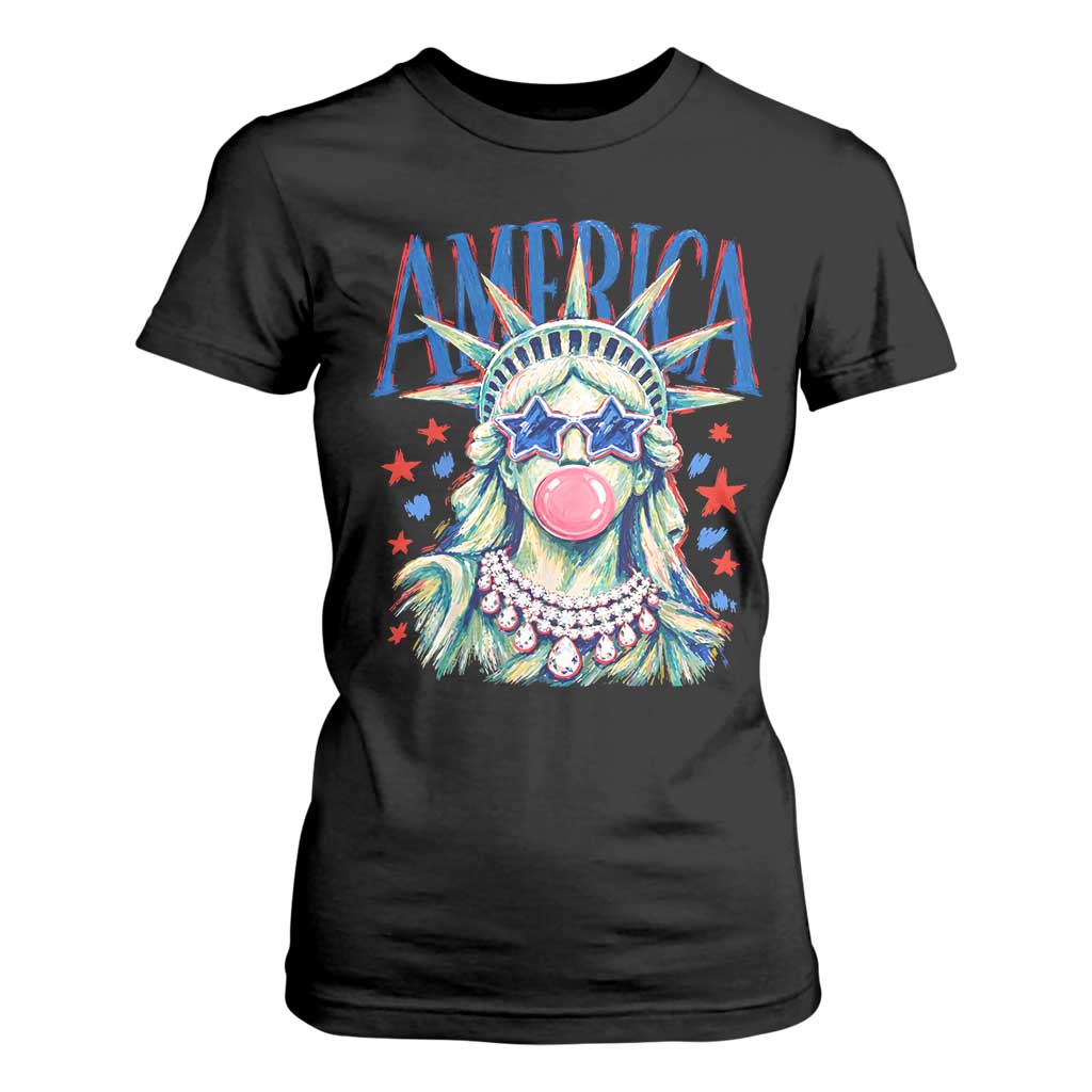 America Statue of Liberty Blowing Bubblegum T Shirt For Women Star and Glasses Patriotic Summer Vibes Graphic