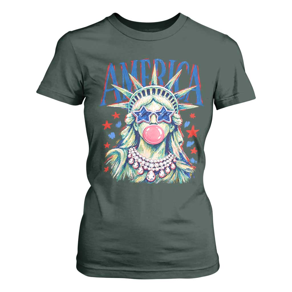 America Statue of Liberty Blowing Bubblegum T Shirt For Women Star and Glasses Patriotic Summer Vibes Graphic