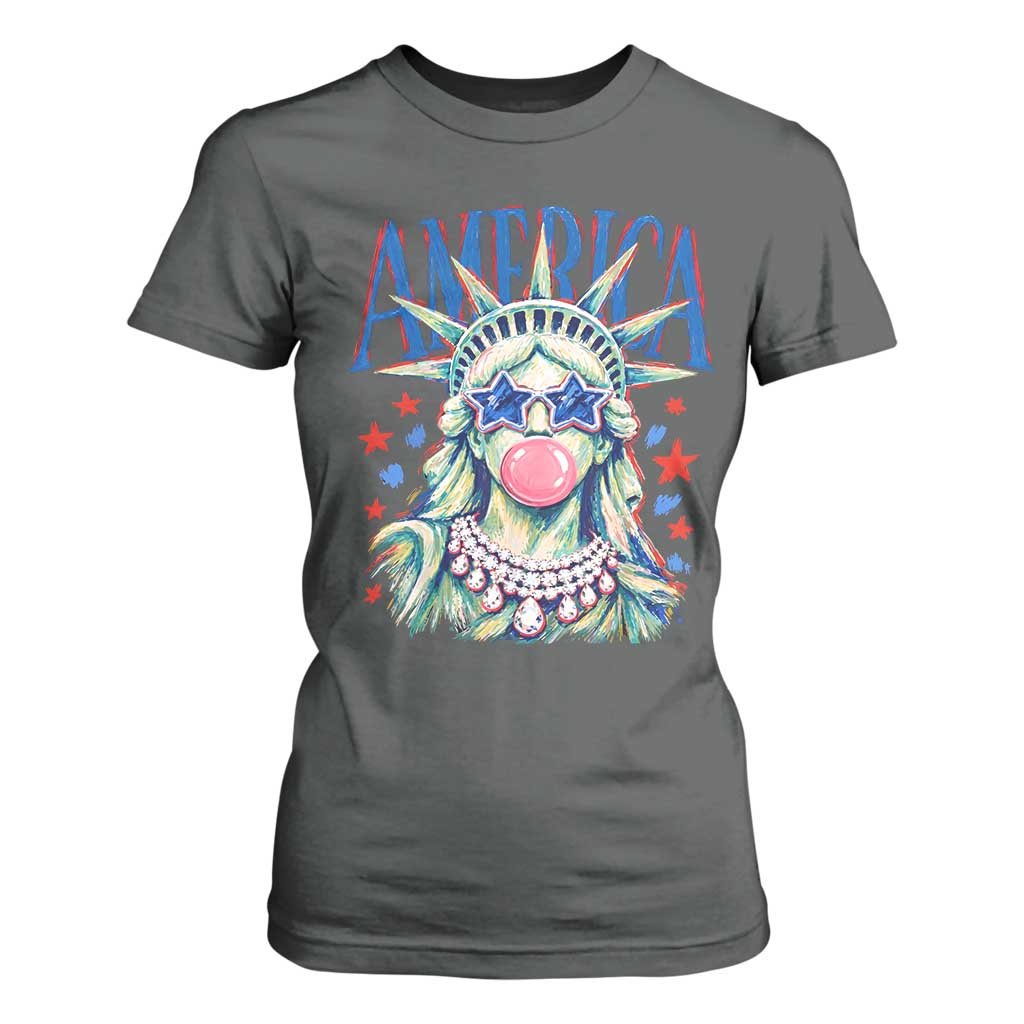 America Statue of Liberty Blowing Bubblegum T Shirt For Women Star and Glasses Patriotic Summer Vibes Graphic
