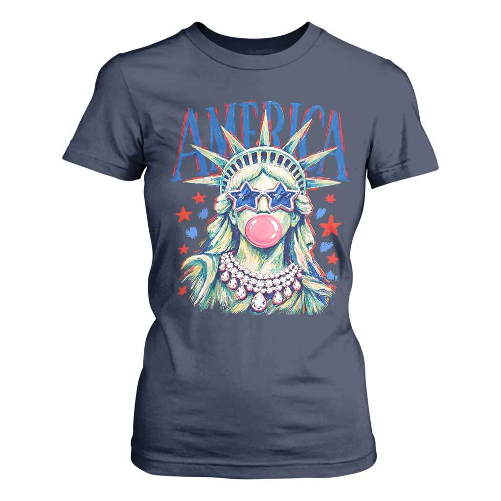 America Statue of Liberty Blowing Bubblegum T Shirt For Women Star and Glasses Patriotic Summer Vibes Graphic