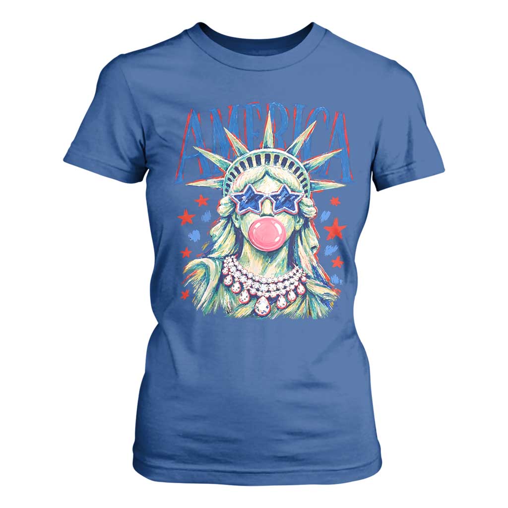 America Statue of Liberty Blowing Bubblegum T Shirt For Women Star and Glasses Patriotic Summer Vibes Graphic