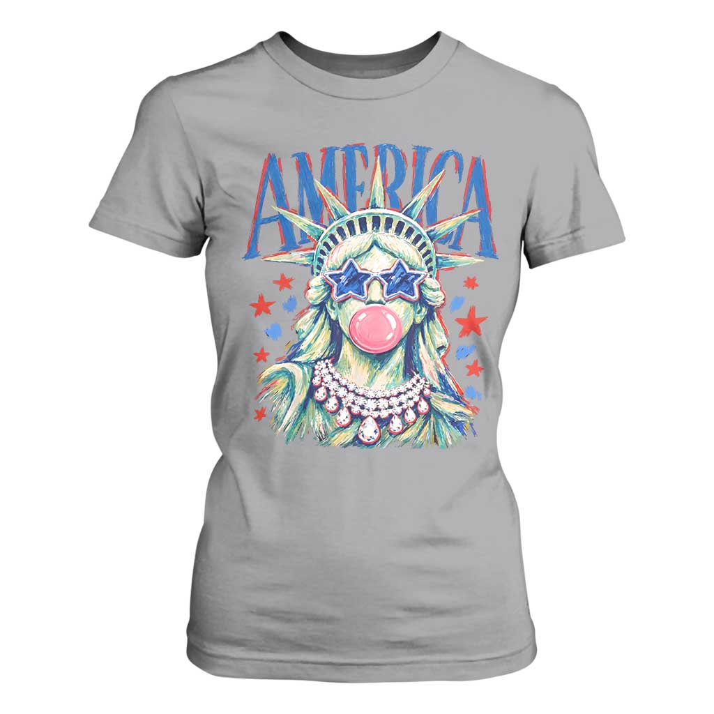 America Statue of Liberty Blowing Bubblegum T Shirt For Women Star and Glasses Patriotic Summer Vibes Graphic