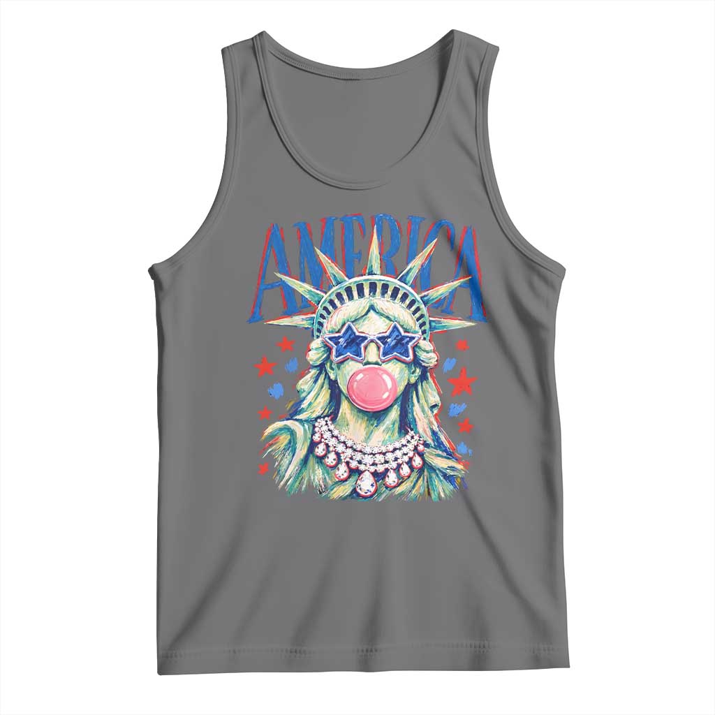 America Statue of Liberty Blowing Bubblegum Tank Top Star and Glasses Patriotic Summer Vibes Graphic