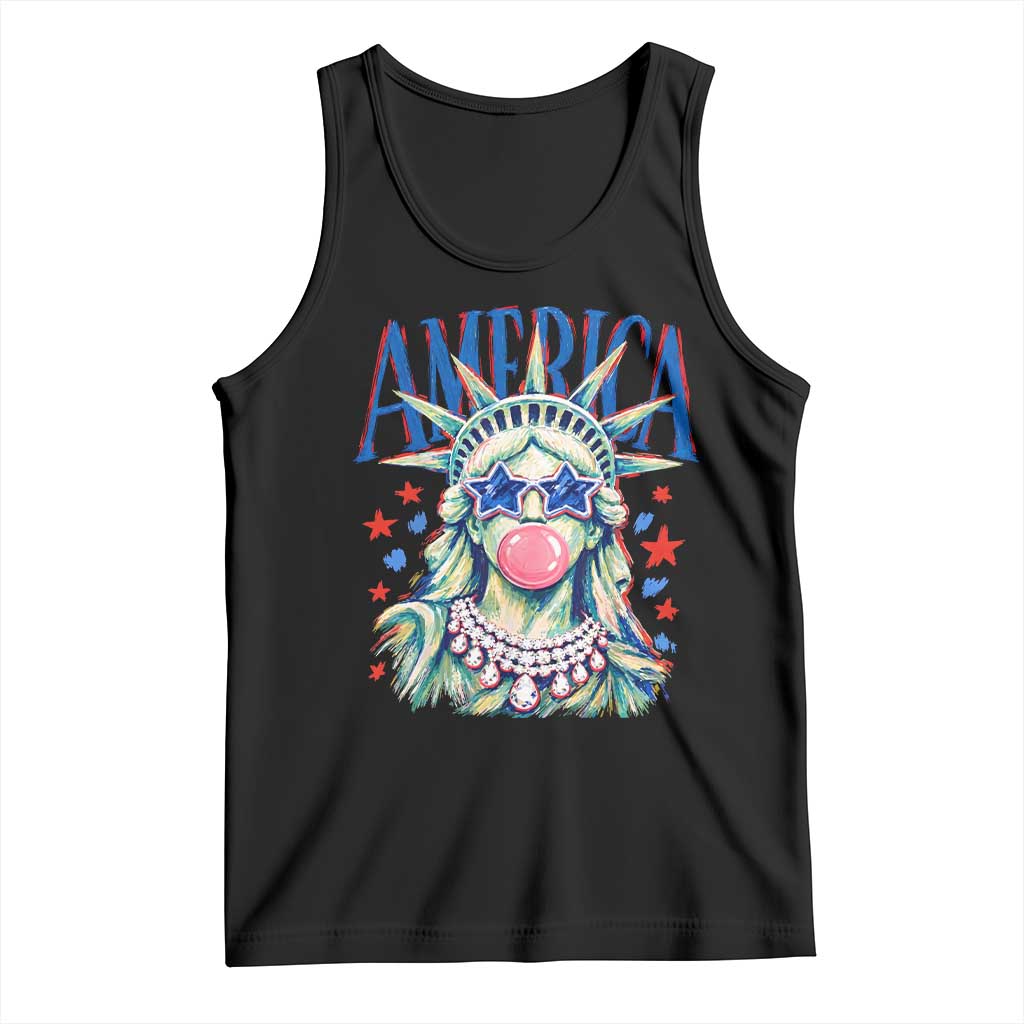 America Statue of Liberty Blowing Bubblegum Tank Top Star and Glasses Patriotic Summer Vibes Graphic