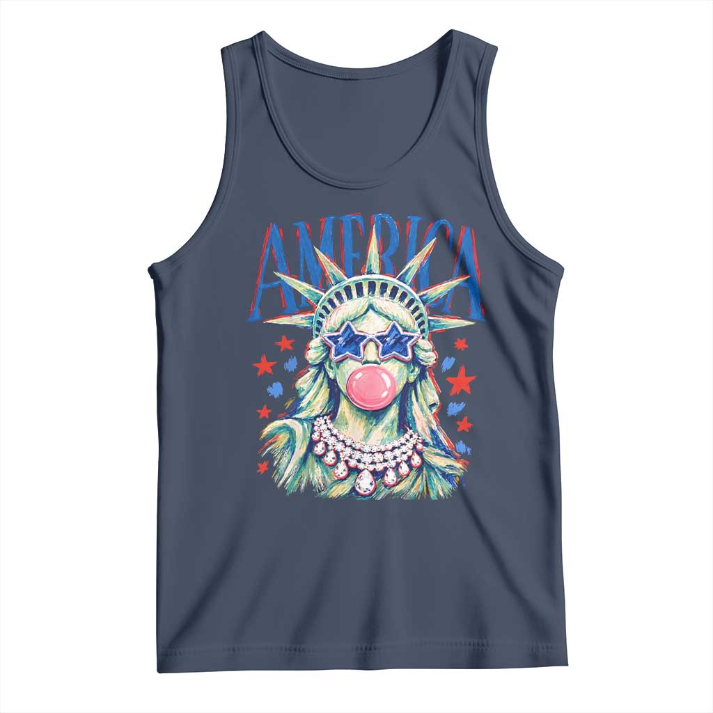 America Statue of Liberty Blowing Bubblegum Tank Top Star and Glasses Patriotic Summer Vibes Graphic