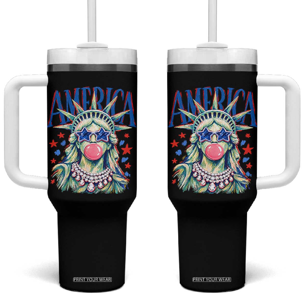 America Statue of Liberty Blowing Bubblegum Tumbler With Handle Star and Glasses Patriotic Summer Vibes Graphic