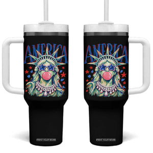 America Statue of Liberty Blowing Bubblegum Tumbler With Handle Star and Glasses Patriotic Summer Vibes Graphic
