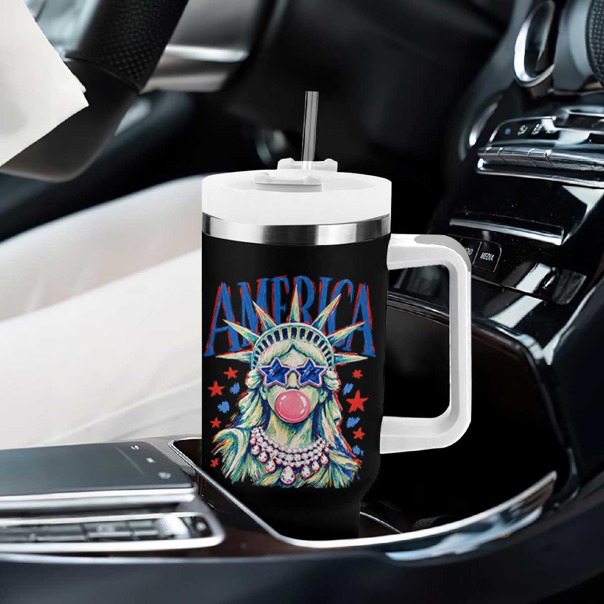 America Statue of Liberty Blowing Bubblegum Tumbler With Handle Star and Glasses Patriotic Summer Vibes Graphic