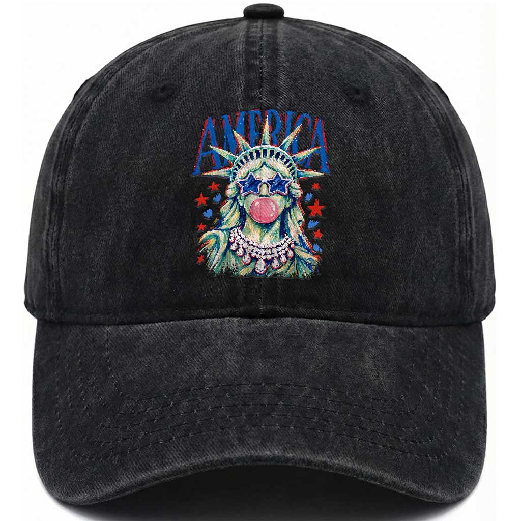 America Statue of Liberty Blowing Bubblegum Washed Cotton Baseball Cap Star and Glasses Patriotic Summer Vibes Graphic