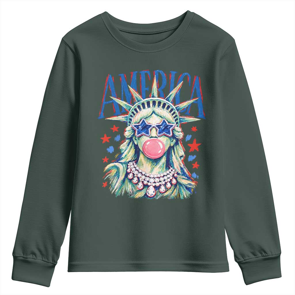 America Statue of Liberty Blowing Bubblegum Youth Sweatshirt Star and Glasses Patriotic Summer Vibes Graphic